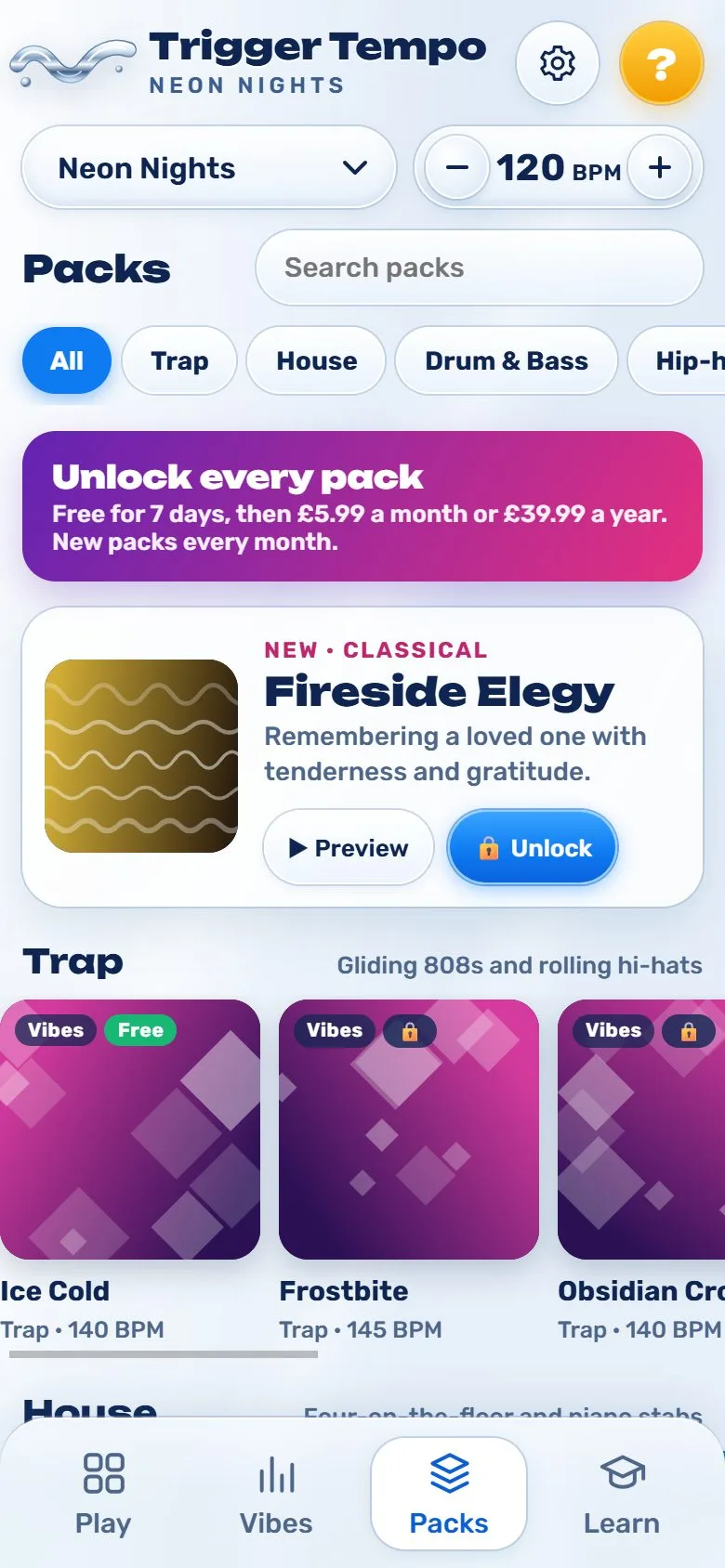 The pack library, with packs grouped by genre