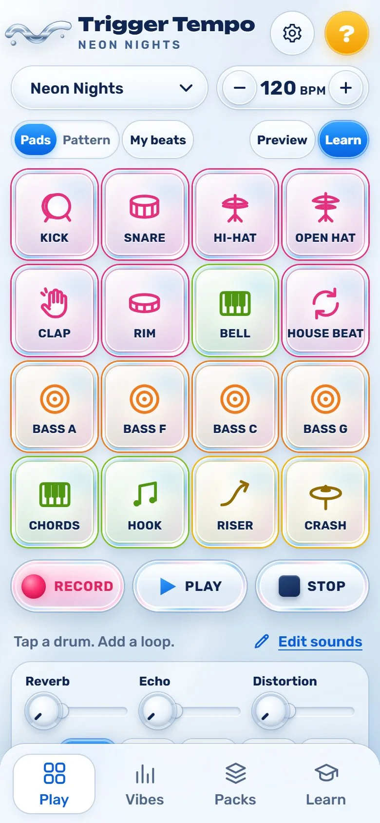 Trigger Tempo's drum pads: kick, snare, hi-hats, bass and chords