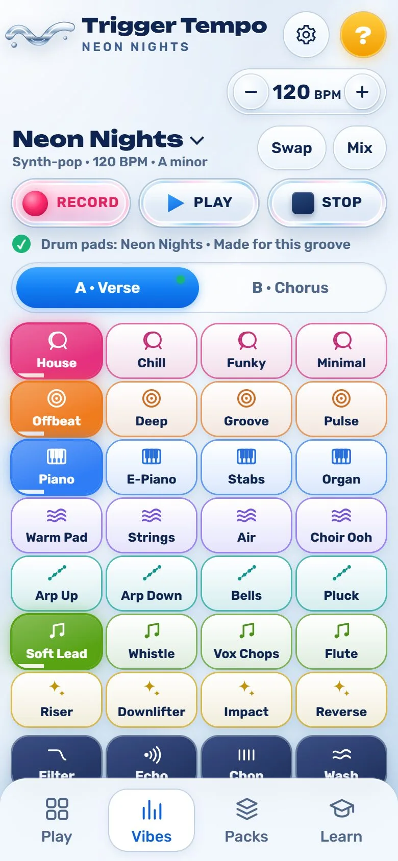 The Vibes page: rows of loops for drums, bass, keys, pads, arps, melody and effects